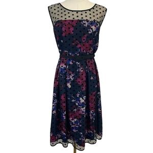 Motherhood Maternity Floral Dress Sz L Navy Blue Pink Sleeveless Knee Length EUC
